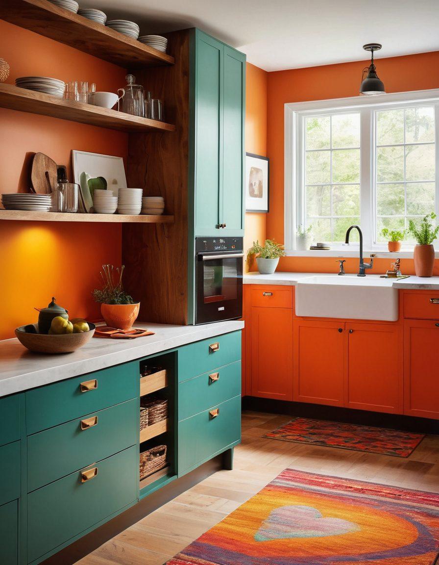 A breathtaking transition from rustic wooden cabinets adorned with vintage decor to sleek, modern cabinetry featuring minimalist design and bright accents. The image should seamlessly blend various cabinet styles in a stylish kitchen setting, highlighting the contrast between warm, earthy tones and cool, contemporary finishes. Include subtle elements of love, such as heart-shaped accents or couple silhouettes in the background. super-realistic. vibrant colors. bright and inviting ambiance.