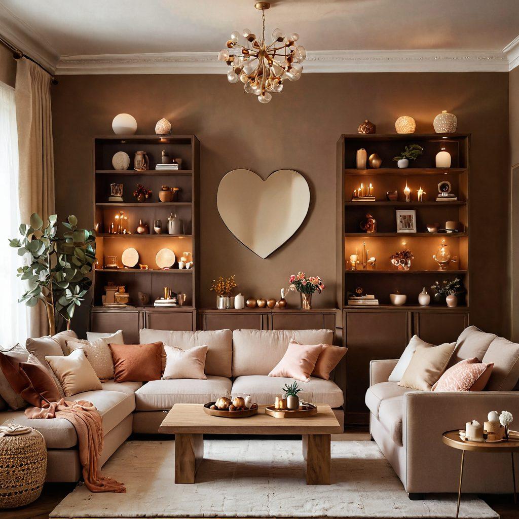 A cozy living room featuring beautifully designed love-themed cabinets filled with romantic decor, heart-shaped ornaments, and soft cushions. Soft lighting creates a warm atmosphere, with a couple enjoying a moment together in the space. Include floral accents and warm earth tones to enhance the theme of affection. super-realistic. warm colors. minimalist design.