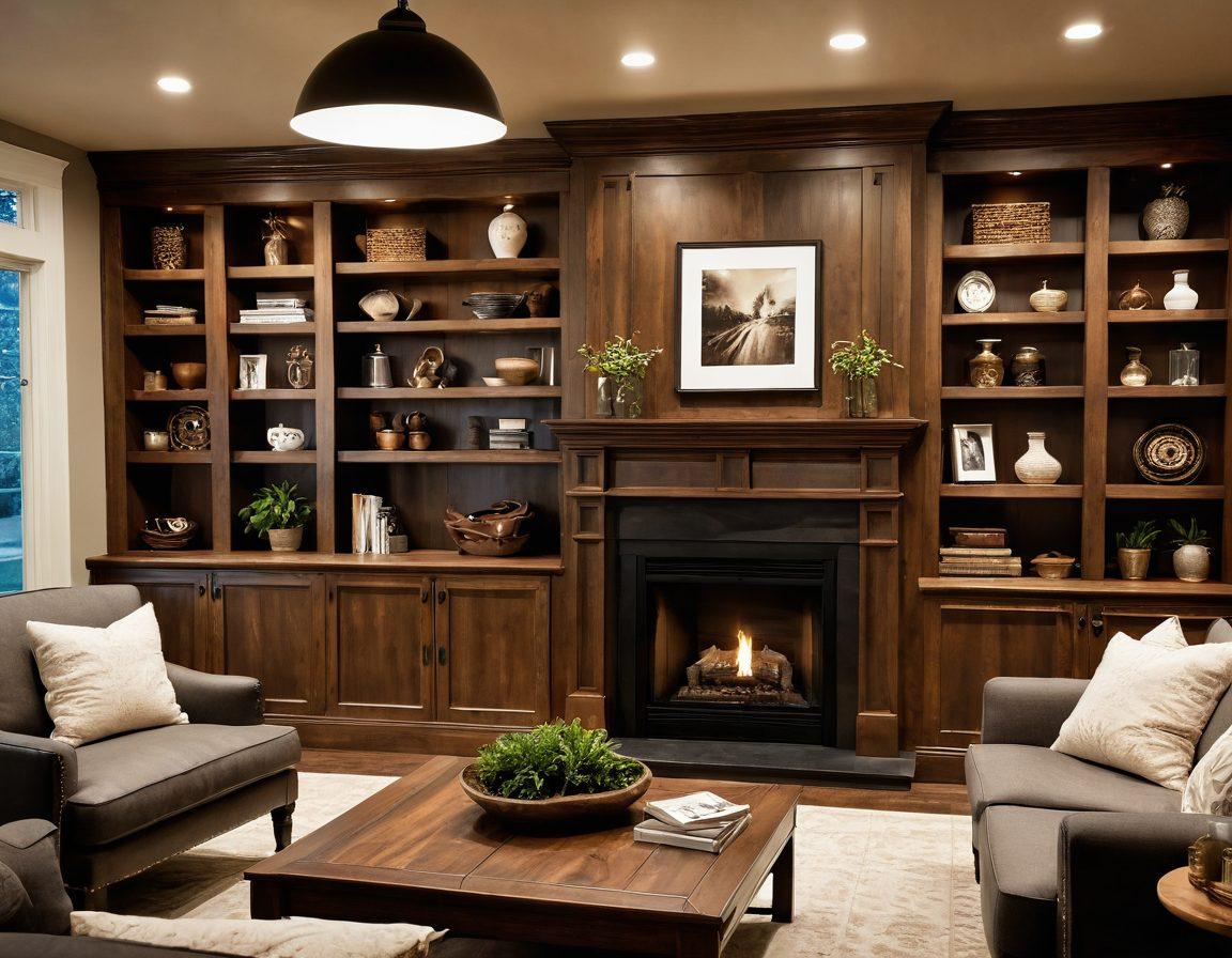 A beautifully designed custom cabinetry setup in a cozy living room, showcasing a mix of modern and rustic styles. Warm lighting creates an inviting atmosphere, highlighting intricate woodwork details. Include personal touches like family photos and plants on the shelves. Emphasize the transformative feeling of personalization through cabinetry. super-realistic. warm tones. inviting ambiance.